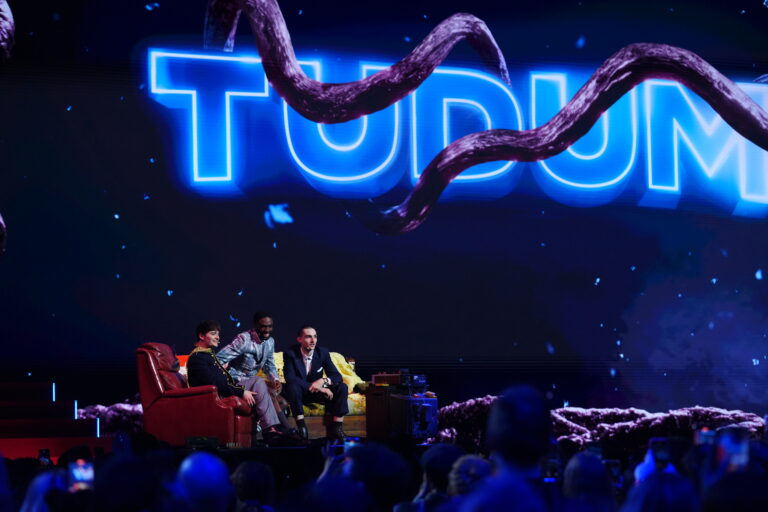 Los Angeles, CA - May 31, 2025: (L-R) Noah Schnapp, Caleb McLaughlin, Finn Wolfhard attend NETFLIX TUDUM 2025: THE LIVE EVENT at The Kia Forum in Los Angeles on May 31, 2025. (Photo by KEVIN ESTRADA for Netflix)